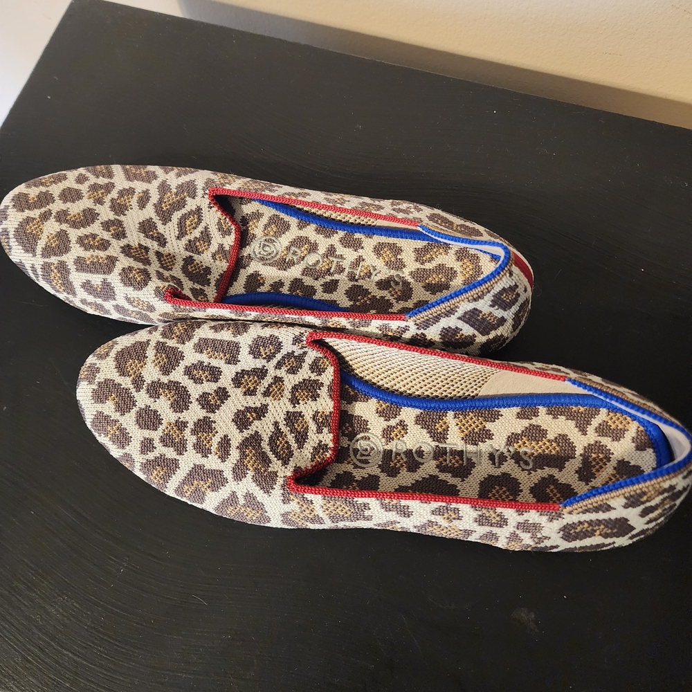 Rothy's Leopard Print Slip-On Flats with Red Trim